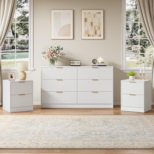 6 Drawer Dresser & 2-Drawer Nightstand Set 3-Piece, White丨55 Wide Bedroom Set Night Stand Set of 2 with Metal Handle, Fluted Wood Chest of Drawers Storage Dressers Set for Bedroom by NOVAMAISON