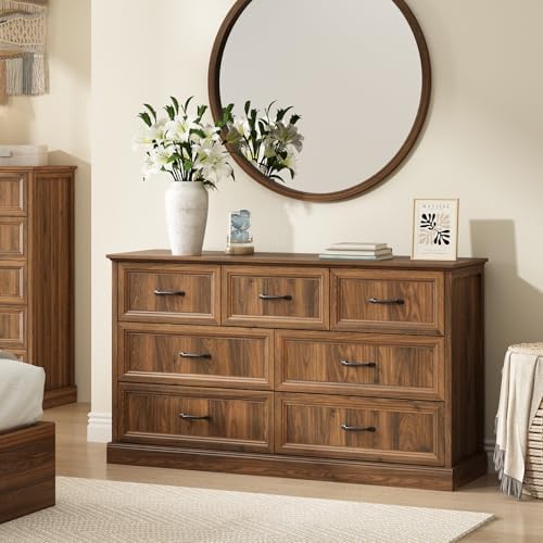 Farmhouse 7 Drawer Dresser for Bedroom, 55" Walnut Dresser with TV Stand - Image 5