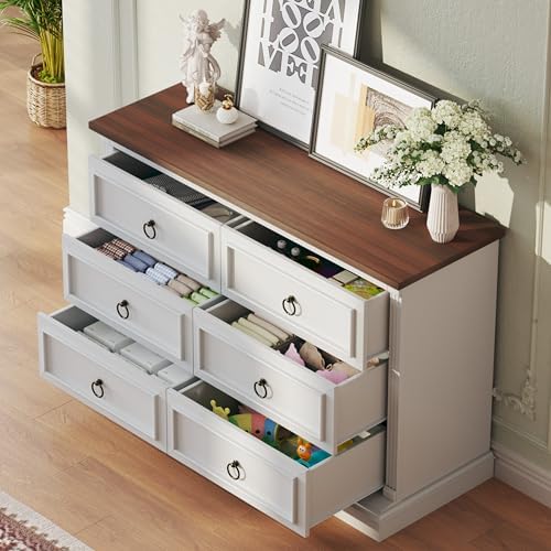 HUAHUU Farmhouse 6 Drawer Dresser for Bedroom, 47" Wide Chest of Drawers with Roman Column, White Wood Dresser with Antique Bronze Circle Handles, Storage Organizer for Living Room, Hallway, Entryway - Image 3