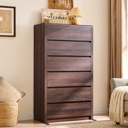 Modern 6 Drawers Dresser for Bedroom, 55.6” Tall Walnut Dressers & Chest of Drawer, Wooden Dresser for Living Room, Hallway, Front Curved & Handleless Design by Odeekea