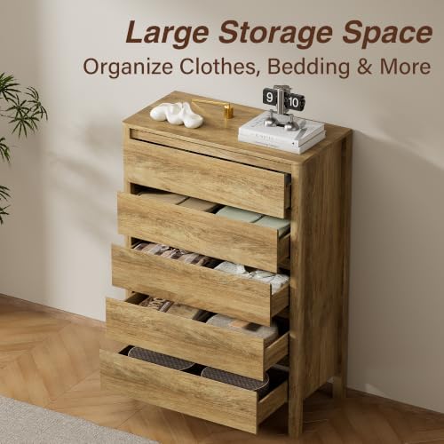 Furniway 45" Tall 5 Drawer Wood Dresser for Bedroom with Legs, Natural Oak - Image 5