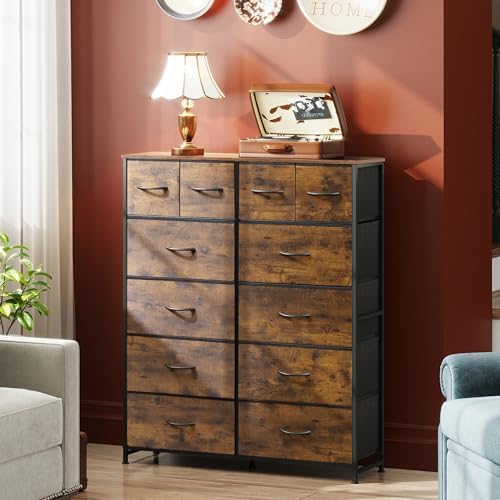 WLIVE 12 Drawer Tall Fabric Dresser Bedroom Storage Chest, Rustic Brown - Image 4