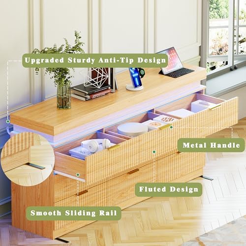 Fluted 9 Drawer Dresser LED Lights & Charging Station, Natural Oak - Image 7