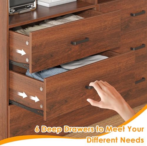 Bigbiglife 6 Drawers Dresser for Bedroom Wooden Drawer with Open Storage Cubby, Double Wide Dresser Organizer for Bedroom, Living Room, Entryway, Hallway (Walnut Brown) - Image 6