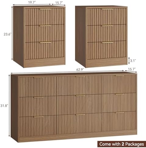 9 Drawer Dresser & 3-Drawer Nightstand Set 3-Piece, Natural Wood丨63 Long Dresser Set Night Stand Set of 2 with Metal Handle, Modern Wood Chest of Drawers Storage Dressers Set for Bedroom - Image 2