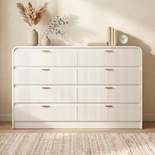 FURSUN Fluted 8 Drawers Dresser for Bedroom, 55" Wide Wooden Dresser with Metal Handle, Curved Profile Design, Modern Storage Organizer for Bedroom, Living Room, Hallway, White by FURSUN