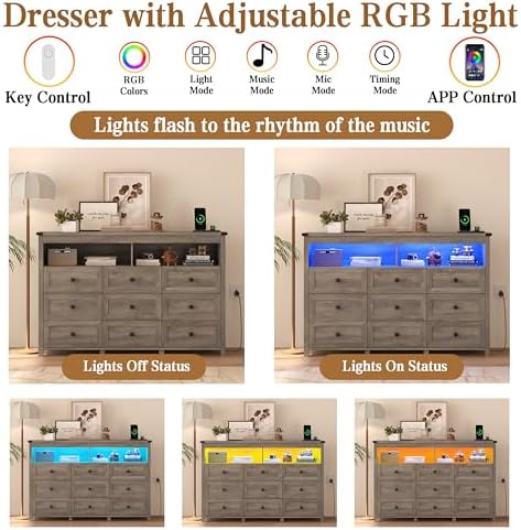 Wodeer 9 Drawer Dresser for Bedroom with LED Lights, Charging Station, Wood Chest of Drawers with Metal Handles, Modern TV Stand & Storage Organizer for Bedroom, Hallway, Grey - Image 5