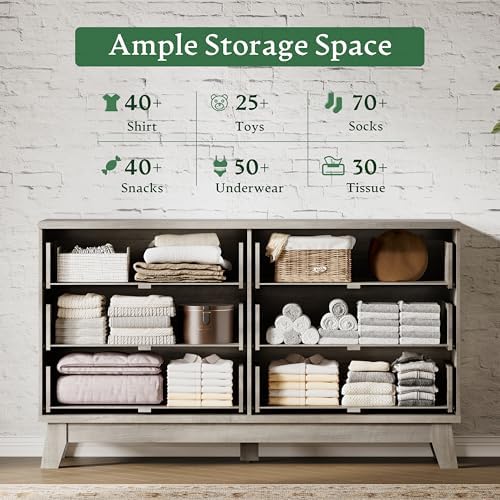 Xixini Fluted Dresser with 6 Drawers, 54" Wide Modern Chest of Drawers with Metal Handle, Wooden Dresser TV Stand, Wood Closet Clothes Storage Organizer for Bedroom, Living Room, Hallway, Light Grey - Image 4