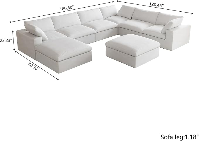 160" Cloud Sectional Couch, Overzised Down Filled Couch, 8 Seater Convertible - Image 2