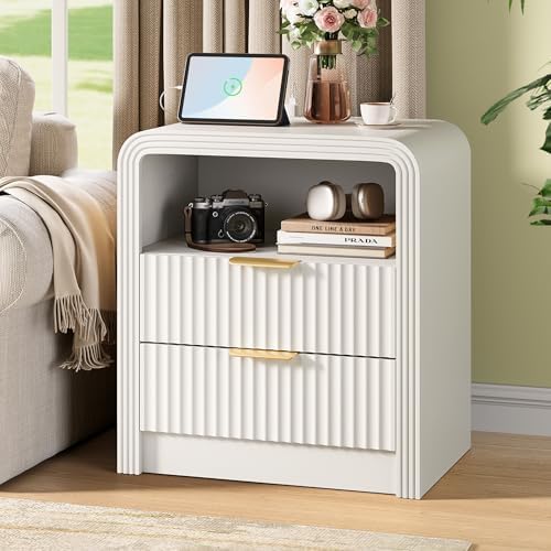 Decofy Fluted Nightstand Set of 2 with Charging Station, 2 Drawers, White - Image 2