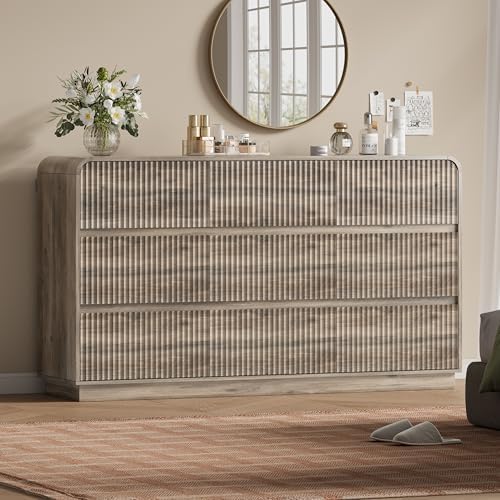 Wodeer Grey Dresser Fluted 9 Drawers Dresser for Bedroom, 59" Wide Wood Chest of Drawers with Hidden Handles & Rounded Corners, Modern TV Stand Storage Cabinet for Living Room, Hallway, Entryway, Gray by WODEER