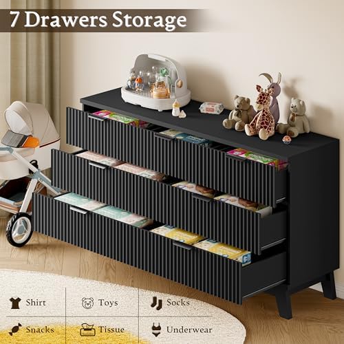 BORNOON 57" Long Dresser for Bedroom, 7-Drawer Fluted Chest, Wide Wood Storage Dresser with Metal Slides and Handles, Stable Base, Modern Clothes Organizer for Primary Suite, Guest Room, Nursery - Image 6