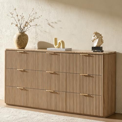 63"W Fluted 9 Drawer Bedroom Dresser, with Faux Marble Top,Natural Oak - Image 6