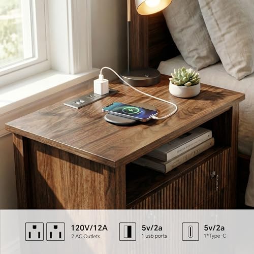 FUSUNBAO Fluted Nightstand with Charging Station & 2 Drawers,Walnut - Image 4