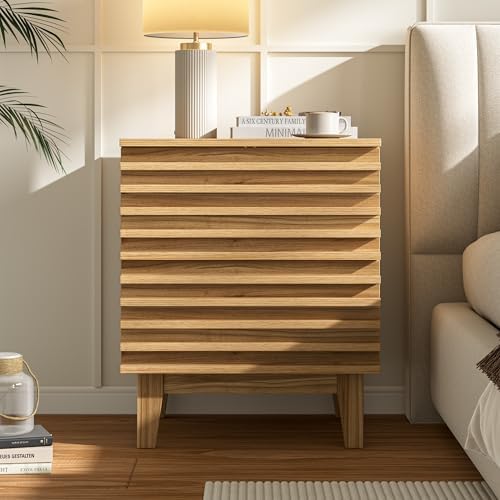 Wood Slat Nightstand, Natural Wood Textured Bedside Table with 2 Drawer Handle-Free Metal-Glide Drawer for Bedroom - Image 3