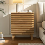 Wood Slat Nightstand, Natural Wood Textured Bedside Table with 2 Drawer Handle-Free Metal-Glide Drawer for Bedroom - Image 3