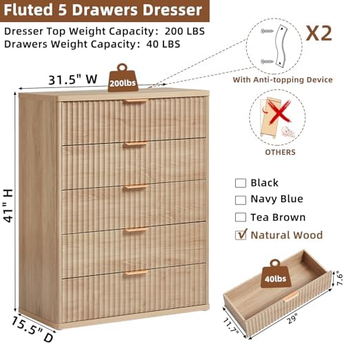 LEYAOYAO Fluted 5 Drawers Dresser for Bedroom, 41" Tall Modern Chest of Drawers with Metal Handle, Curved Profile Design,Natural Wood Drawer Organizer for Bedroom, Living Room, Hallway, Entryway - Image 2