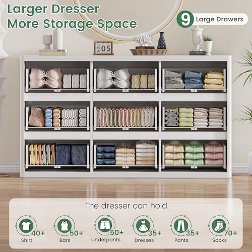 Standifurno White 9 Drawers Dresser, 57" Wide Fluted Dresser for Bedroom, Modern Chest of Drawers with Curved Profile, Handleless, Wooden TV Stand with Organizer Storage for Living Room, Entryway - Image 3