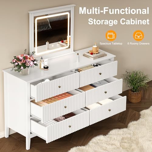 RoyalCraft 6 Drawer Dresser with Lighted Mirror, White Fluted Modern Wood Chest of Drawers, Long Dresser for Bedroom Storage - Image 5