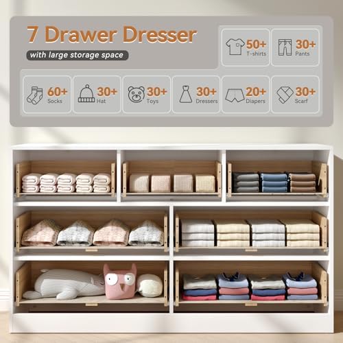 White Dresser with 7 Drawer 55" Wide Fluted Dresser for Bedroom丨Modern Chest of Drawer with Metal Handles, Wood TV Stand for Bedroom, Living Room, Entryway, Hallway, White - Image 5