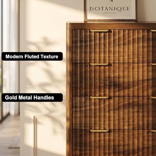 Fluted 47" Tall Dresser for Bedroom with 5 Drawers, Modern Chest of Drawers with Metal Handle & Deep Storage, Wood Closet Clothes Storage Organizer for Living Room & Hallway, Walnut Brown Dresser - Image 5