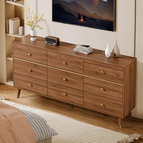 Chrangmay 9 Drawer Dresser,63" Wide Mid Century Chest of Drawers,Wooden Bedroom Drawer Dresser with 9 Storage Drawers for Bedroom,Living Room,with Anti-Tipping Device,Chestnut - Image 7