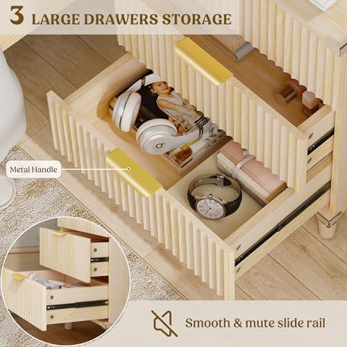 3 Drawers Nightstands Set of 2 w/Charging Station, Modern Fluted Dresser - Image 6