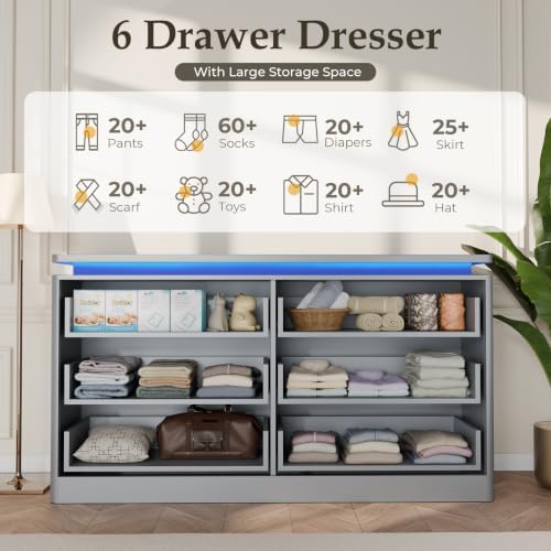 6 Drawer Dresser for Bedroom,47.24" Long Grey Chest of Drawers w/LED Lights - Image 3
