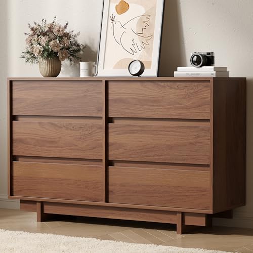 6 Drawer Walnut Dresser for Bedroom, 47" Wide Mid Century Modern Dresser by SINROM