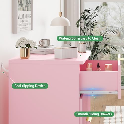 Xixini Fluted Dresser for Bedroom with 3 Drawers, 24" Wide Modern Chest of Drawers with Metal Handle, Wooden Dresser TV Stand, Wood Closet Clothes Storage Organizer for Living Room, Hallway, Pink - Image 5