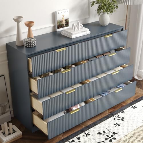 8 Drawer Dresser for Bedroom, Modern Fluted Double Dresser, 55" Wide Chest of Dressers, Mid Century Wooden Beside Table for Closet, Living Room and Entryway, Blue - Image 3