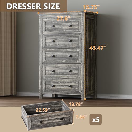 BORNOON Tall 5-Drawer Dresser, Modern Wooden Storage Chest of Drawers, Dresser TV Stand, Wood Drawer Organizer with Metal Handles for Bedroom, Living Room, Hallway - Image 2