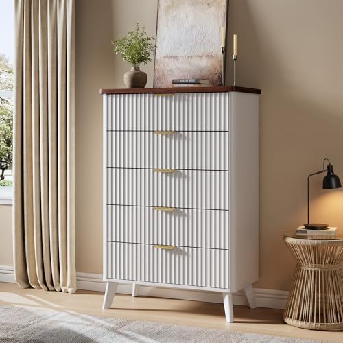 GarveeHome Fluted Dresser for Bedroom with 5 Deep Drawers, White by GarveeHome