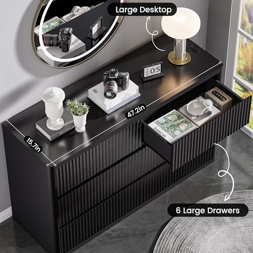 Standifurno Black 6 Drawers Double Dresser, Fluted Dresser for Bedroom, Modern Chest of Drawers with Handleless, Curved Profile Dressers TV Stand, Wood Storage Organizer for Living Room, Hallway - Image 5