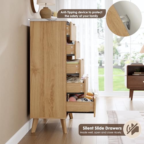 GarveeHome Fluted Dresser for Bedroom with 5 Deep Drawers, Natural Oak - Image 7