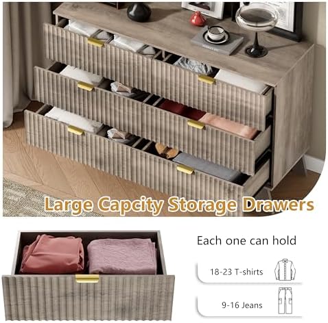 Wodeer 6 Drawer Fluted Dresser for Bedroom, Mid Century Modern Wooden Dresser with 6 Drawers, Dressers & Chests of Drawers with Metal Handle, TV Stand & Storage Organizer for Entryway, Hallway, Grey - Image 4