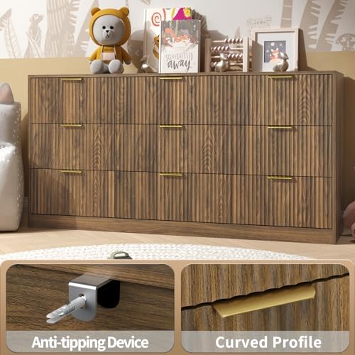 Walnut Dresser with 9 Drawer 63" Wide Fluted Dresser for Bedroom丨Long Dresser Modern Chest of Drawers with Gold Handle, Wood TV Stand Storage Organizer for Bedroom, Living Room, Walnut - Image 5