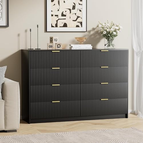 Furniway Black Dresser for Bedroom, Modern Dresser with 8 Drawers and Smooth Slides, Wide Chest of Drawers with Golden Handles for Bedroom, Closet, 15.7" D x 55" W x 37.4" H - Image 6