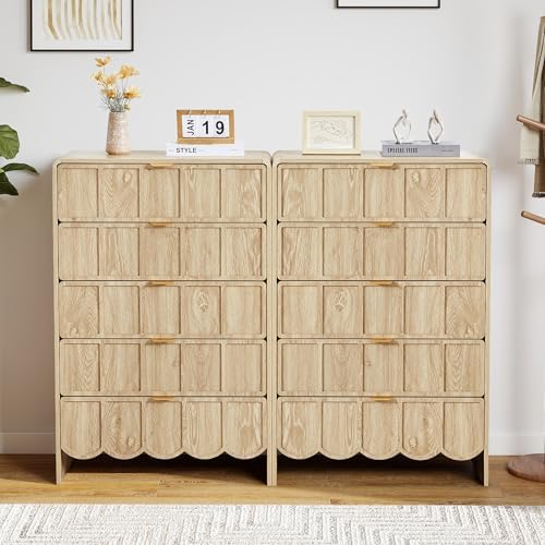ORRD 5 Drawer Dresser for Bedroom Set of 2, Modern Closet Chest of Drawers with Wave Fluted Drawer, Wood Storage Small Dresser Organizer for Nursery Bedroom Living Room Hallway Closet (Natural) - Image 3