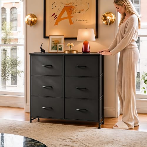 WLIVE Black Fabric Dresser for Bedroom, 6 Drawer Dressers Chest of Drawers - Image 2