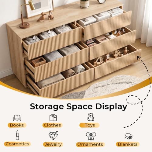 Karl home Natural Oak 6 Drawer Fluted Dresser, Modern Storage Chest - Image 5