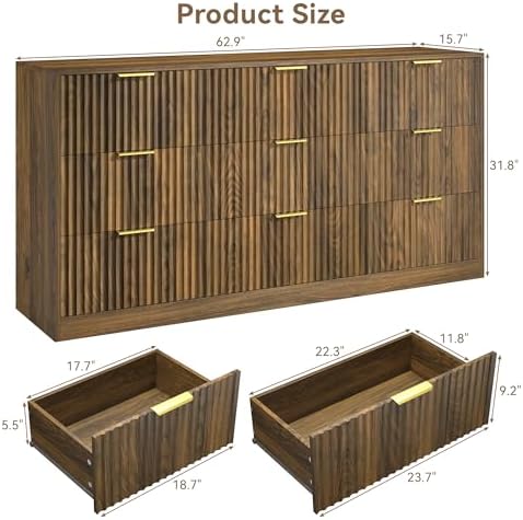 Walnut 9 Drawer Dresser for Bedroom, 63" Wide Modern Fluted Chest of Drawers, Wooden Dresser with Gold Metal Handles, Mid Century Large Dresser TV Stand for Living Room Hallway - Image 2