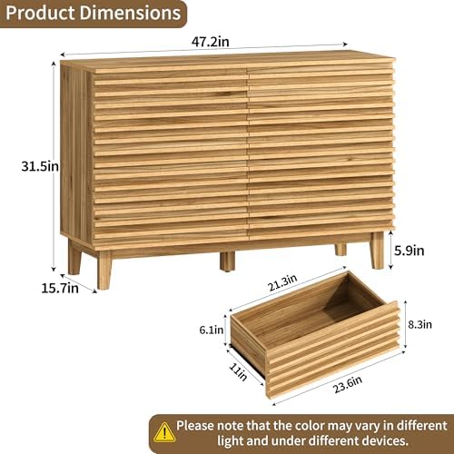 Wood 6 Drawer Dresser, Modern Wood Slat Double Dresser for Bedroom, 47.2" Wide Storage Chest with Deep Drawers, Mid Century Fluted Wooden Cabinet for Bedroom, Living Room - Image 2