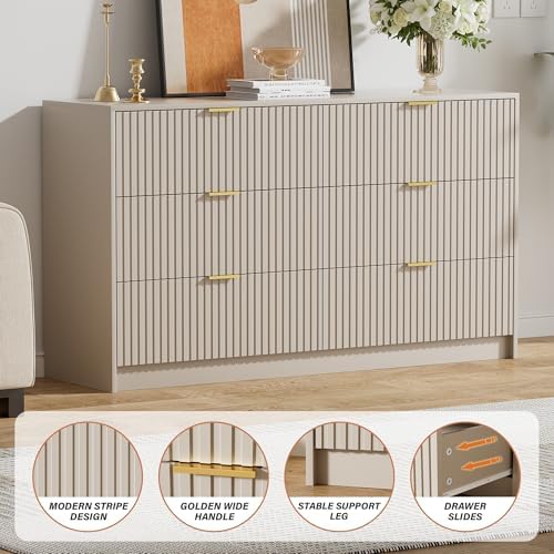 Furniway Beige Dresser for Bedroom, Modern Dresser with 6 Drawers and Smooth Slides, Wide Chest of Drawers with Golden Handles for Bedroom, Living Room, Closet, 15.7" D x 55.1" W x 31.4" H - Image 3