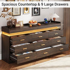Farmhouse 9 Drawer Dresser with LED Light and Charging Station, Brown - Image 4