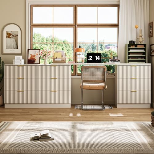 MAISONARIA L-Shaped Rotatable 9 Drawer Dresser for Bedroom, 71" Wide Deformable Beige Dresser with Gold Metal Handles, Modern Fluted Chest of Drawers for Bedroom, Living Room, Entryway, Hallway - Image 7