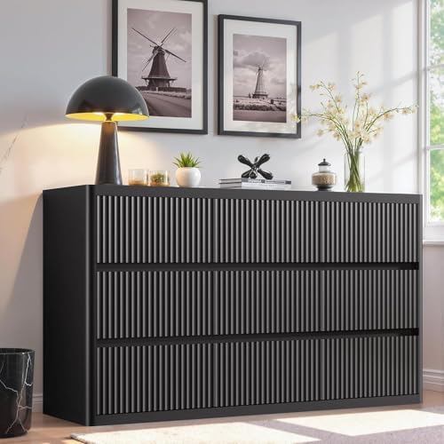 Standifurno Fluted 9 Drawers Dresser, 57" Wide Dresser for Bedroom, Modern Chest of Drawers with Curved Profile, Handleless, Wood Large Dressers TV Stand with Organizer Storage, Living Room, Black by StandifurnoFurniture