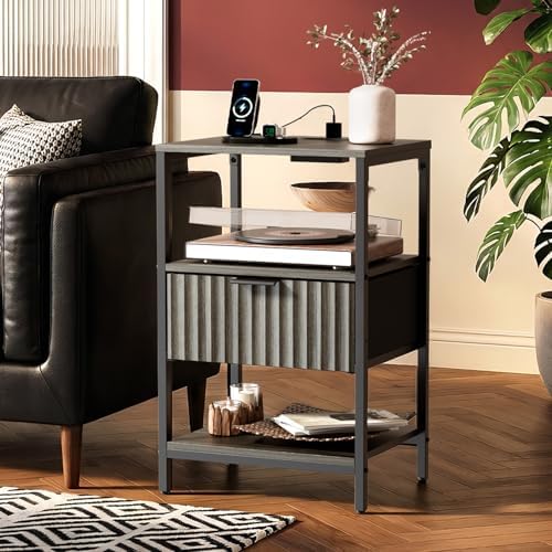 VINGLI Nightstands Set of 2 with Charging Station and Fabric Drawer, Fluted Grey Night Stand Set of 2, Gray Nightstand with Drawer, Bed side Tables/End Tables for Bedroom,14.96"W*11.81"D*23.7"H, 2 pcs - Image 3