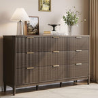 LINSY Fluted 9 Drawer Dresser for Bedroom, 58" Wide Mid-Century Modern Tall Chest of Drawers, Deep Storage Dresser with Curved Corner Design, Large Accent Wood Cabinet for Bedroom, Walnut by Linsy