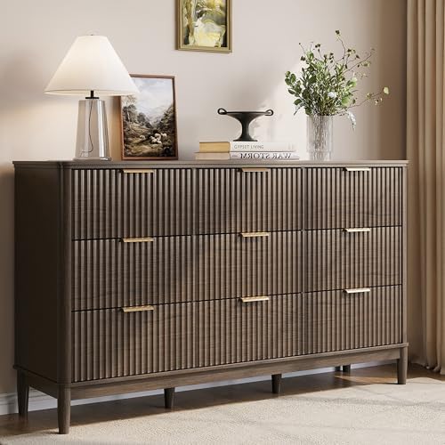 LINSY Fluted 9 Drawer Dresser for Bedroom, 58" Wide Mid-Century Modern Tall Chest of Drawers, Deep Storage Dresser with Curved Corner Design, Large Accent Wood Cabinet for Bedroom, Walnut by Linsy